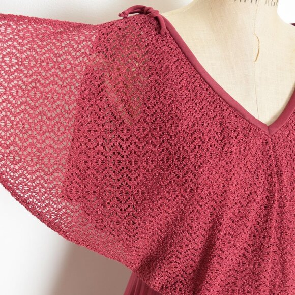 vintage 70s prom dress burgundy crochet lace flutter draped pleated long maxi XS - Picture 4 of 11